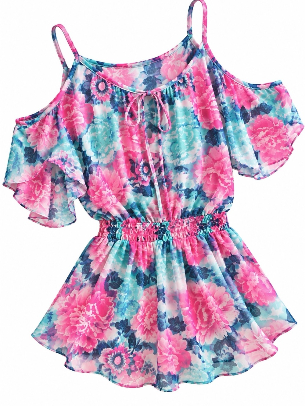 Miken Pink & Teal Floral Cold-Shoulder Swim Coverup Romper